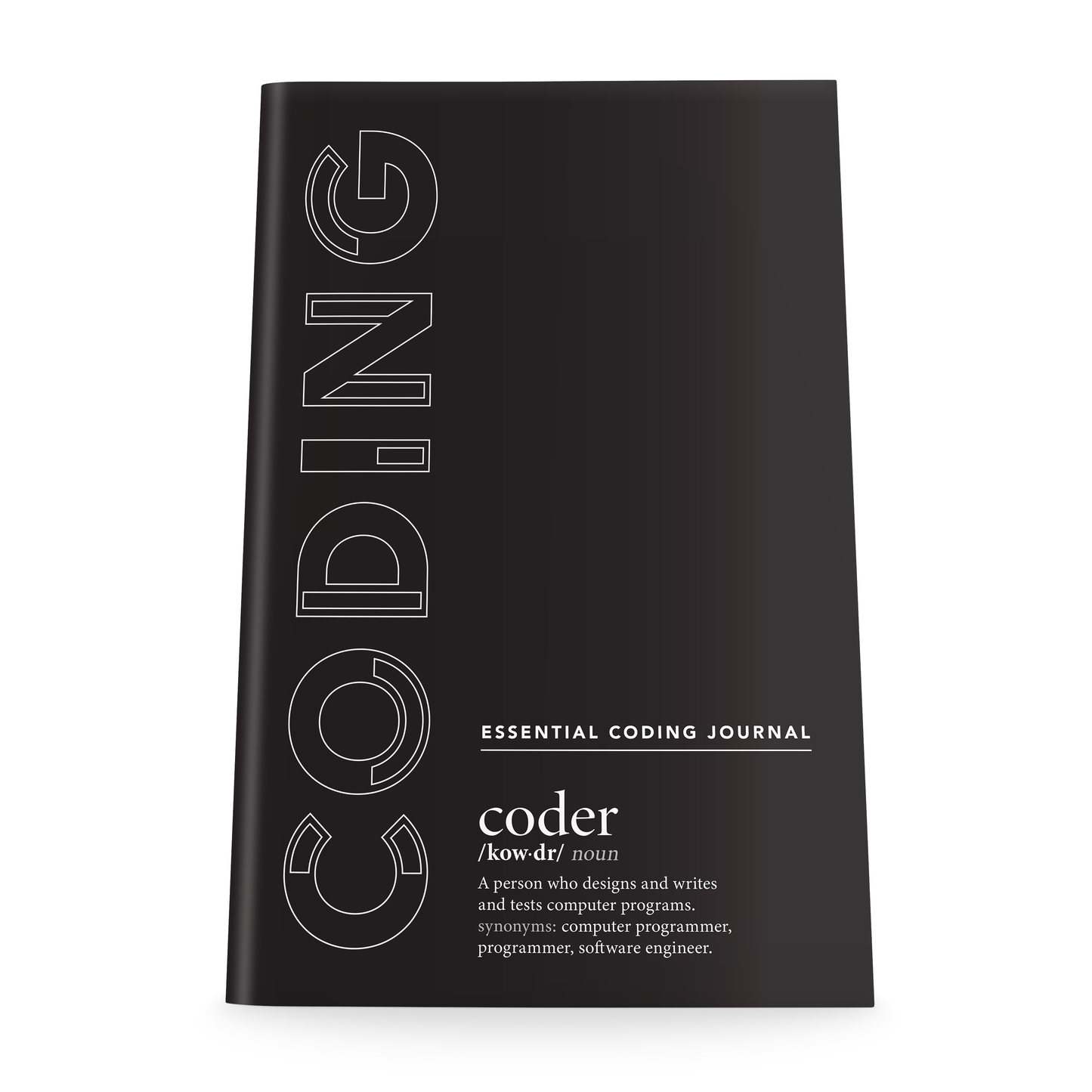 Essential Coding Journal - Dark notebook with cyberpunk scene of a coding warrior. Prominent text gives coder definition as "A person who designs and writes and tests computer programs. synonyms: computer programmer, programmer, software engineer."