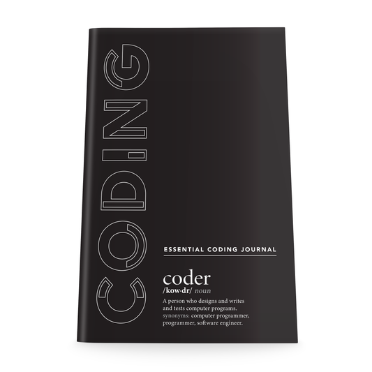 Essential Coding Journal - Dark notebook with cyberpunk scene of a coding warrior. Prominent text gives coder definition as "A person who designs and writes and tests computer programs. synonyms: computer programmer, programmer, software engineer."