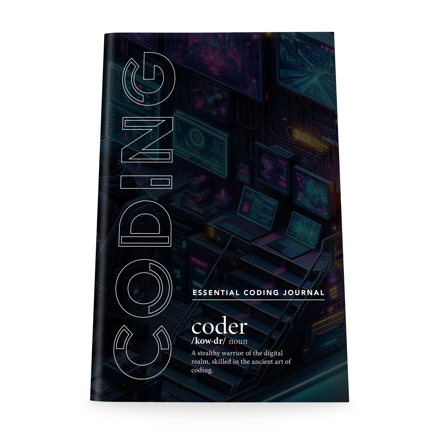 Essential Coding Journal - Dark notebook with cyberpunk scene of a coding warrior. Prominent text gives coder definition as "A stealthy warrior of the digital realm, skilled in the ancient art of coding.