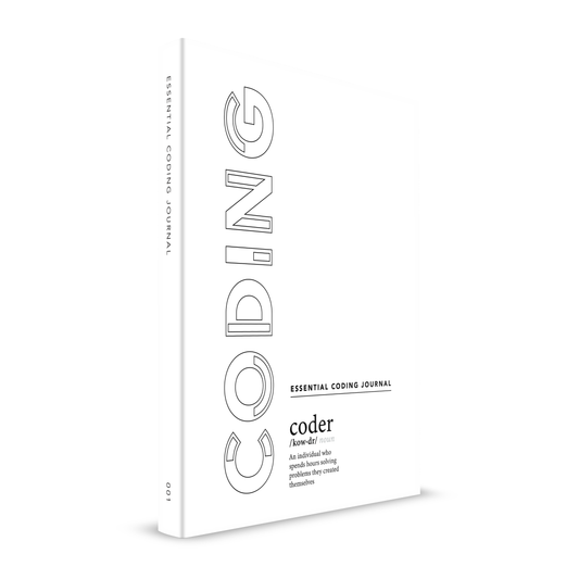 Essential Coding Journal - White plain notebook cover with prominent text translates coder as: "An individual who spends hours solving problems they created themselves"