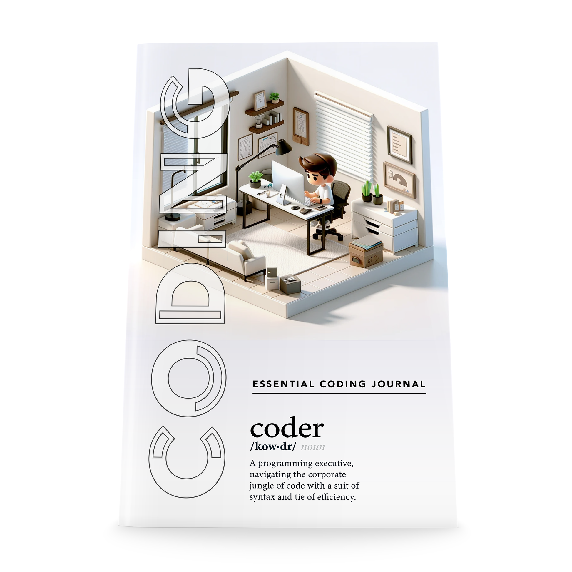 Essential Coding Journal - White notebook with colorful isometric scene of a coder in the office. Prominent text gives coder definition as "A programming executive, navigating the corporate jungle of code with a suit of syntax and tie of efficiency."