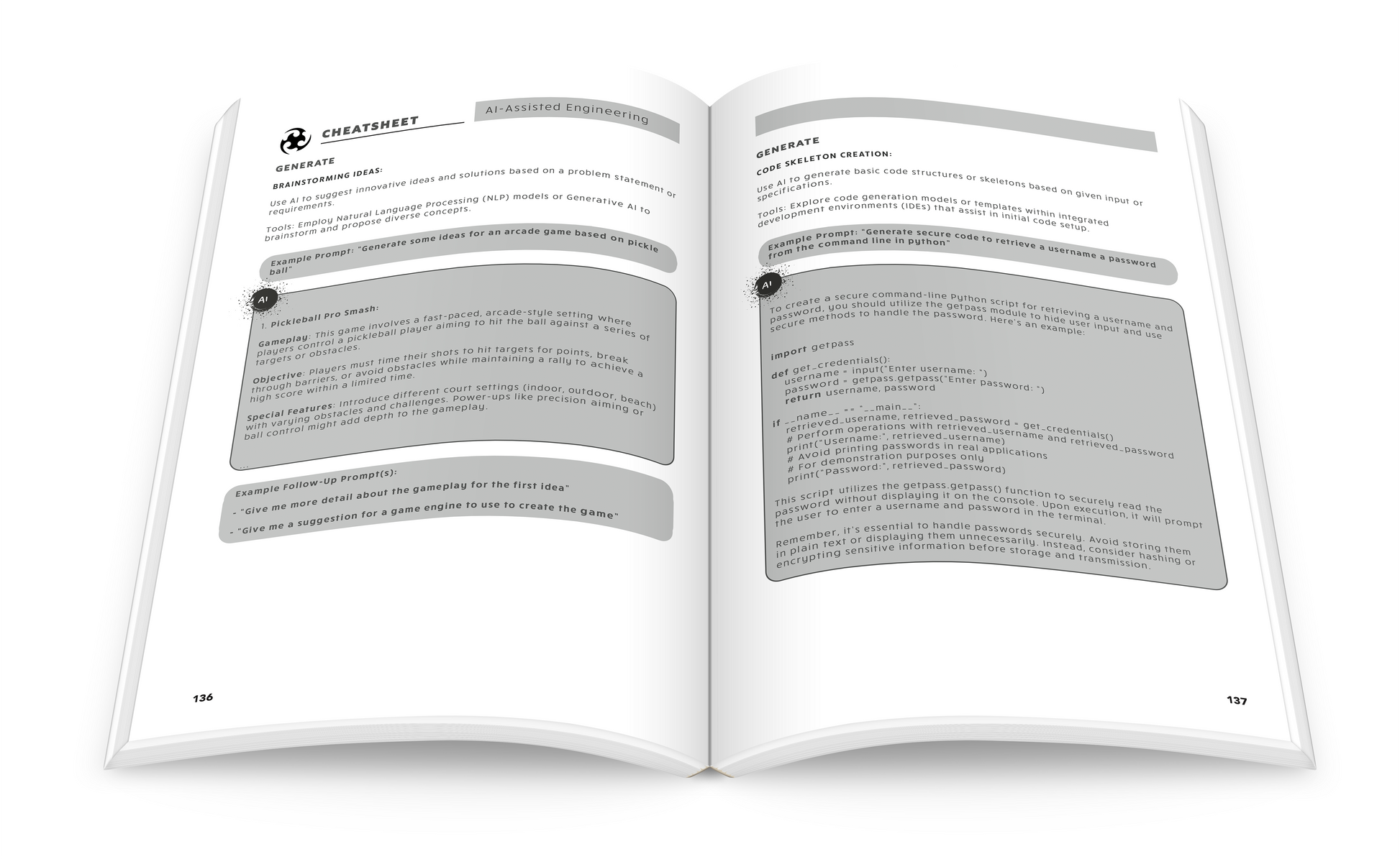 Essential Coding Journal - Open notebook shows "cheatsheet" pages with advice on using AI to brainstorm ideas for coding projects and generate skeleton code.