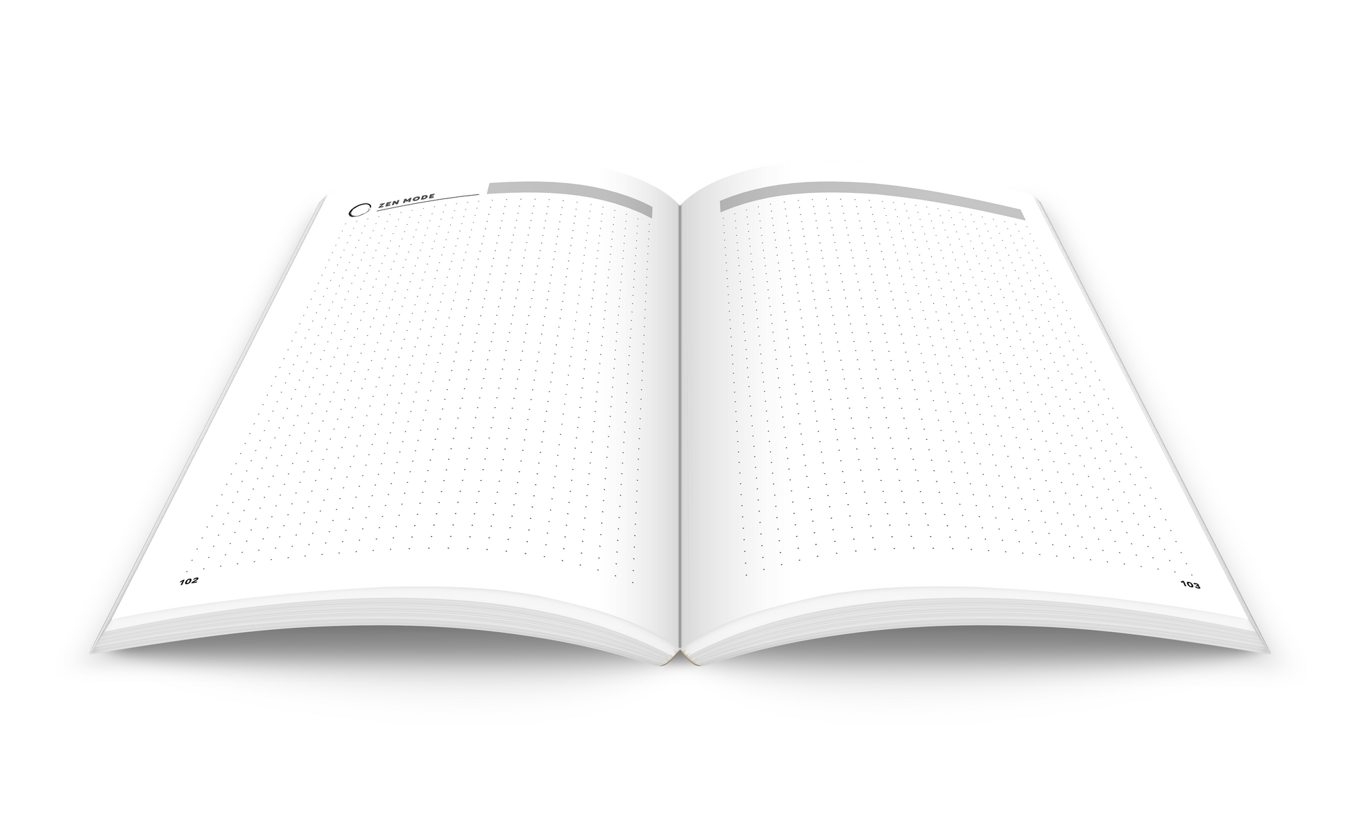 Essential Coding Journal - Open notebook shows "zen mode" pages with dotted paper on each page for developing ideas, code, journaling, and notetaking